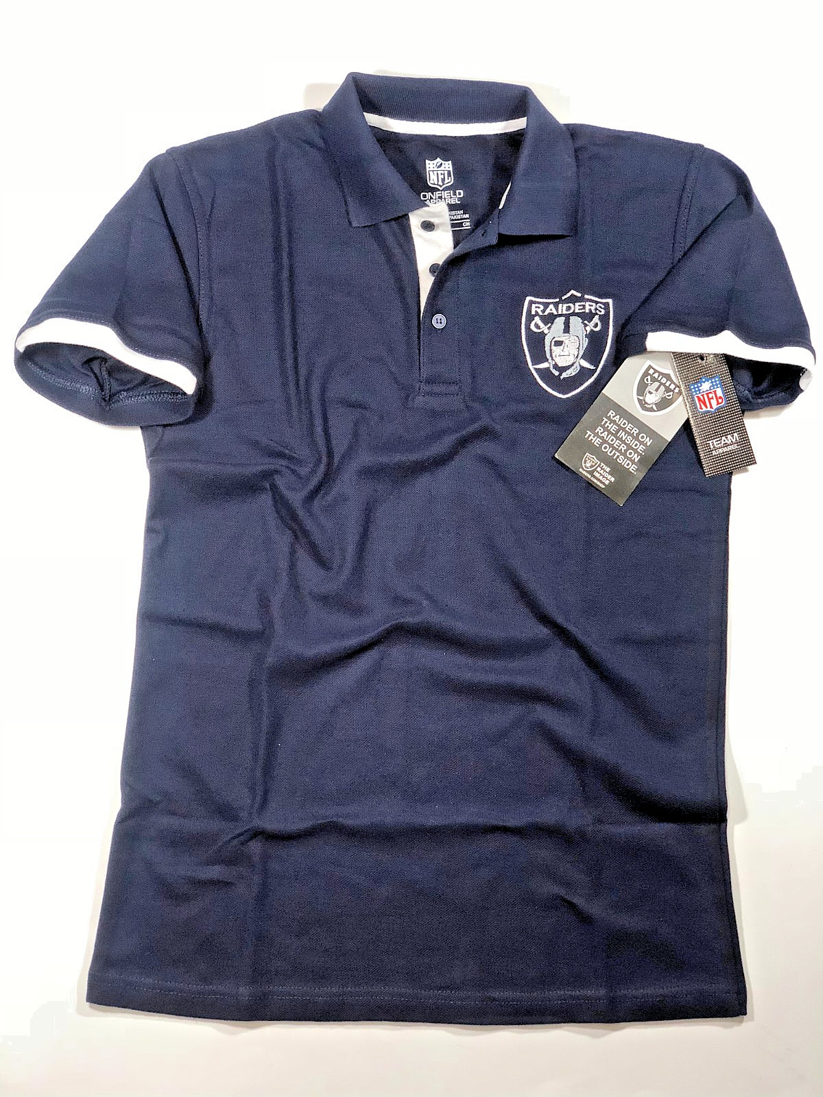 Raiders Button Polo Shirt Blue Play Dry Embroidered Las Vegas NFL