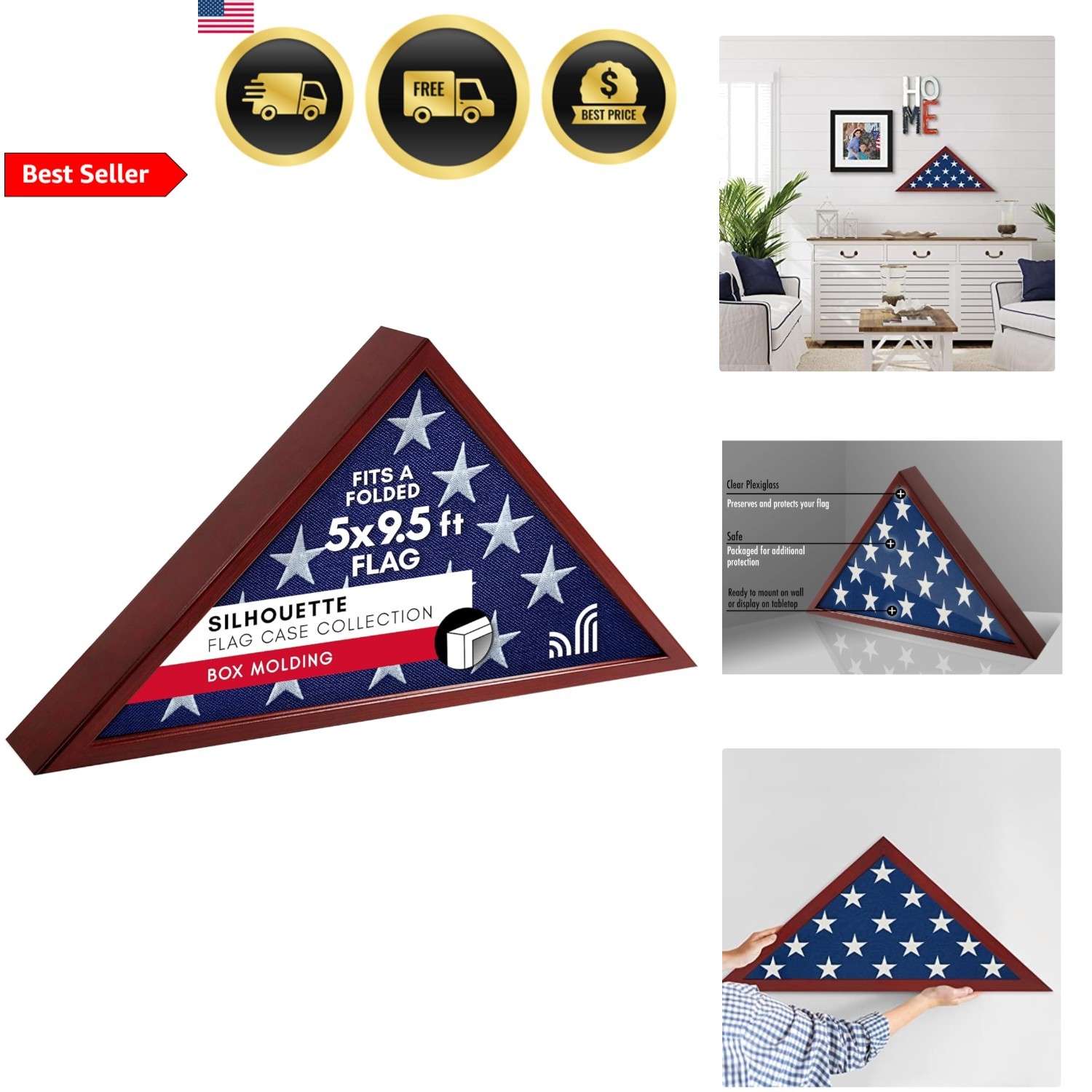 Flag Display Case for Burial Flag Mahogany Wall Mount Folded Flag Holder