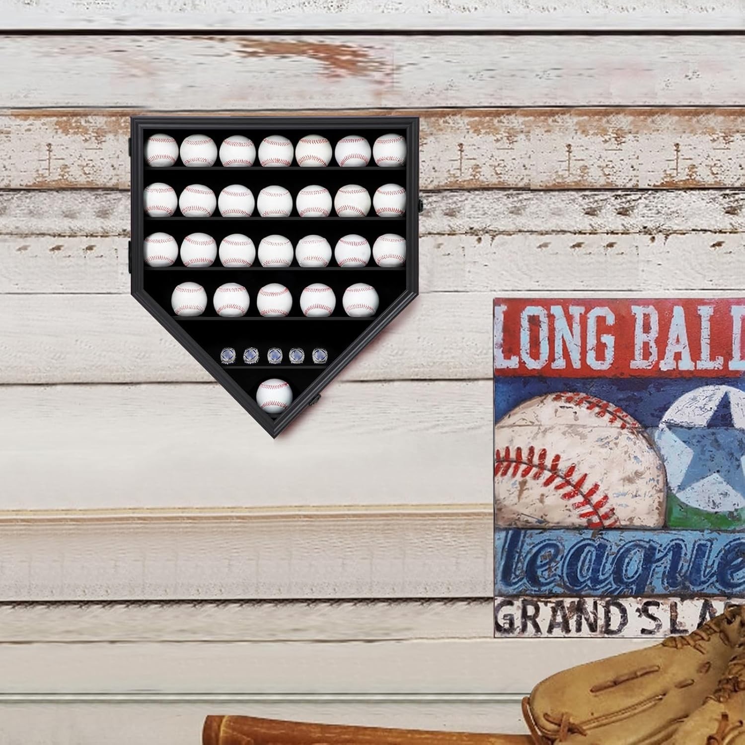 Wooden Display Case for 30 Baseballs & Rings – Shatterproof Acrylic Door