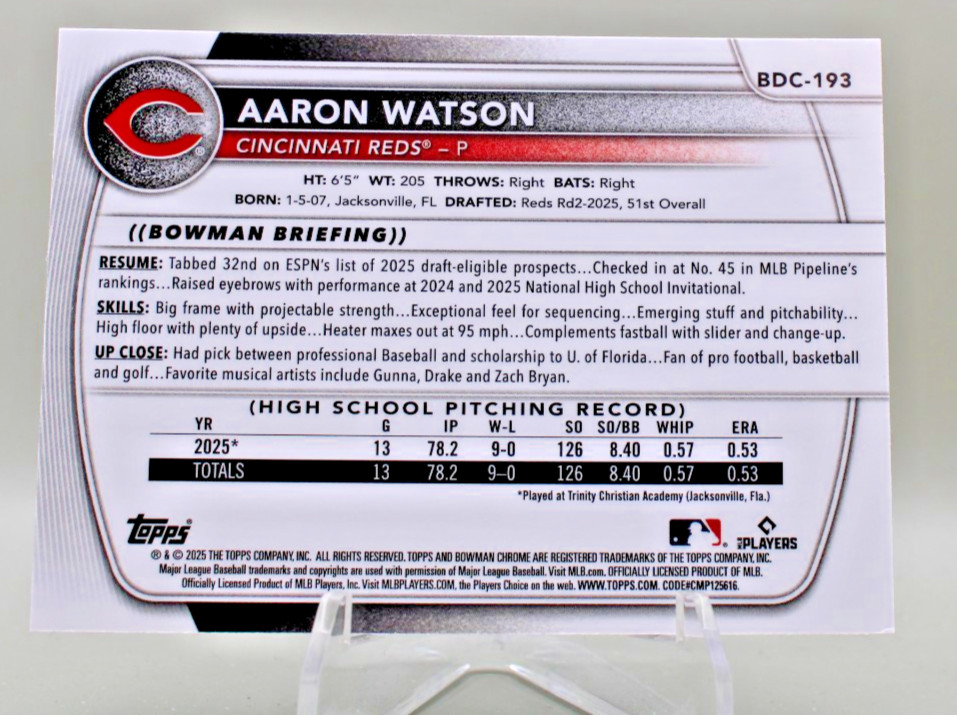 2025 Bowman Draft Chrome – #BD-193 Aaron Watson Mojo Refractor Reds