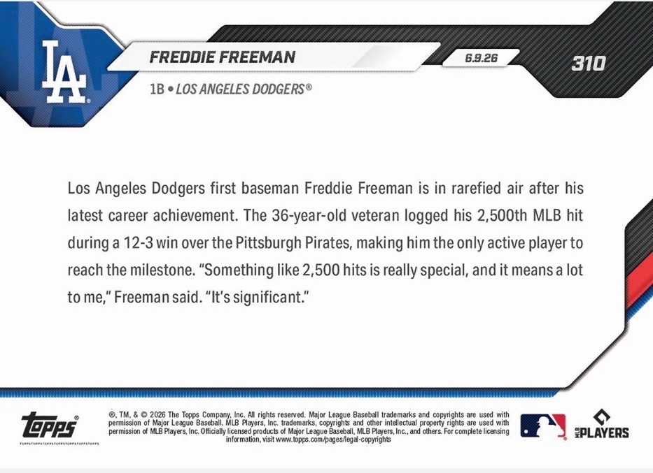 💥2026 Topps Now #310💥FREDDIE FREEMAN 2500th Career Hit – Dodgers Presale