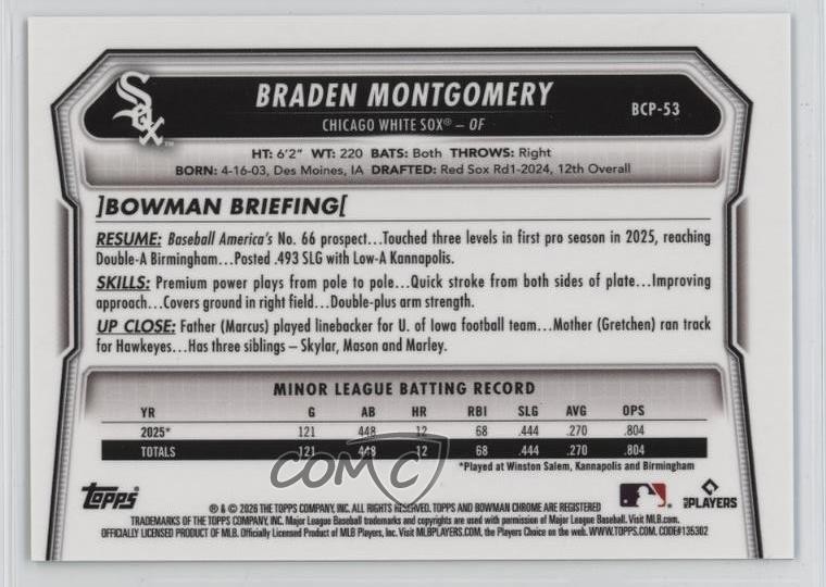 2026 Bowman Chrome Prospects Aqua Shimmer Refractor 76/125 Braden Montgomery tw0