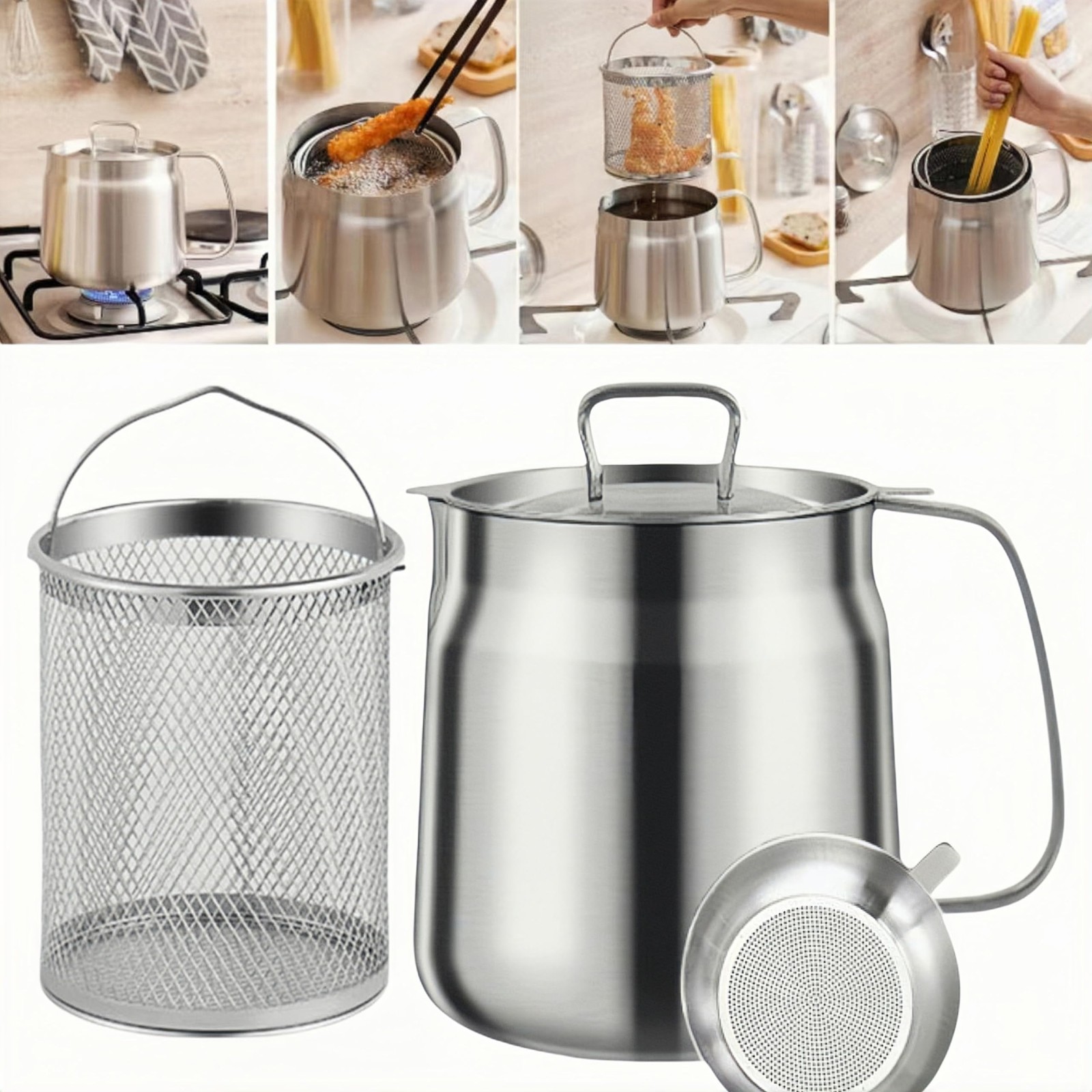 50Oz 304 Stainless Steel Deep Fryer Pot with Basket & Strainer, Large Capacity B