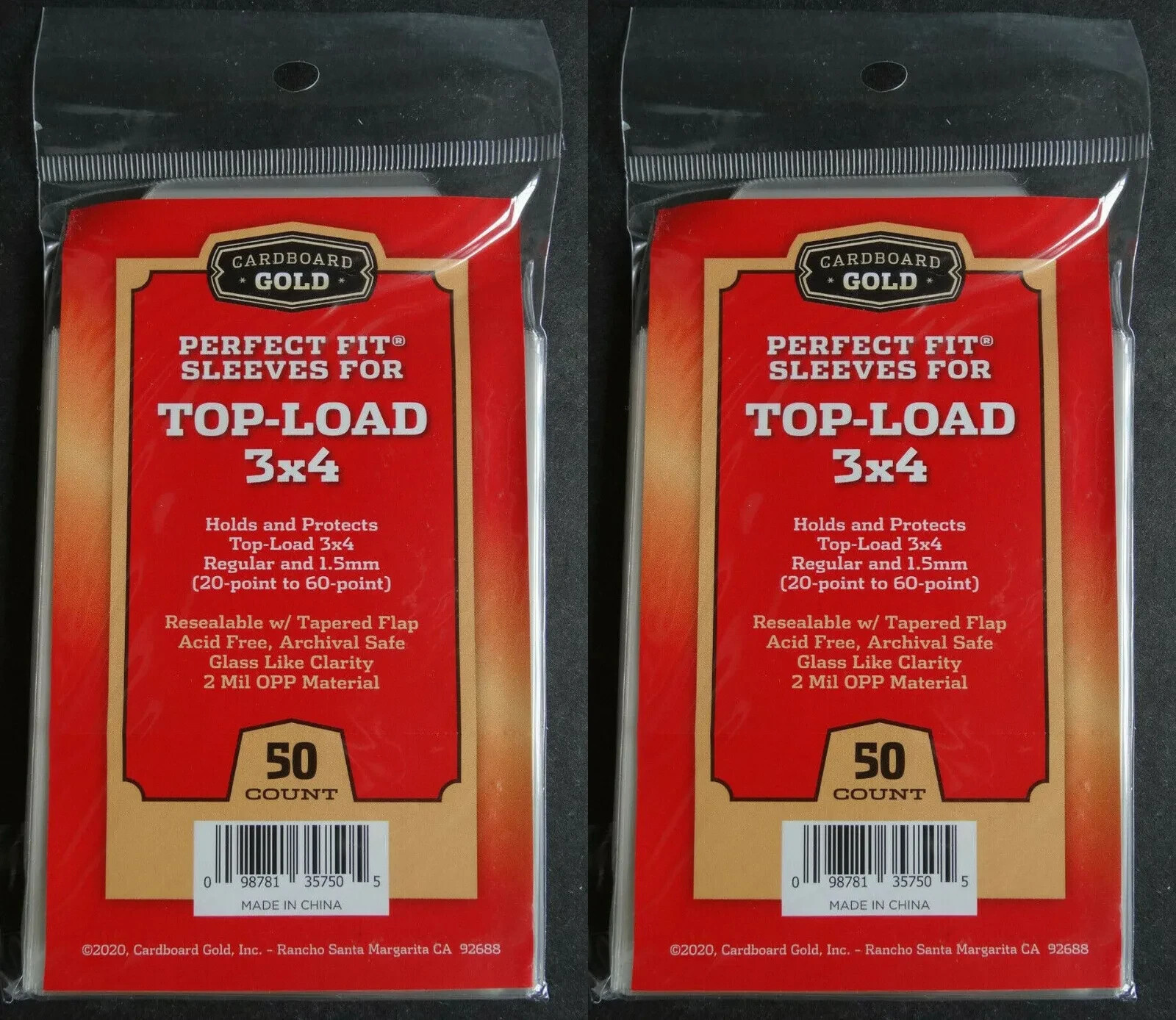100 Cardboard Gold Perfect Fit Sleeves for Top-Load 3×4 from 20-60 Pt Bag