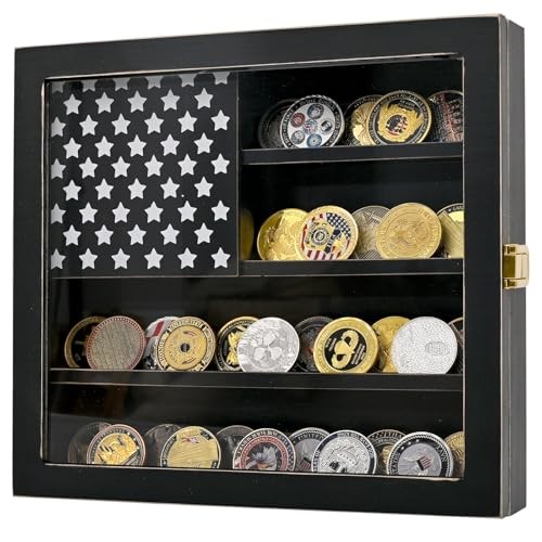 Wall Mounted Challenge Coin Display Stand with Acrylic Glass, Wooden Black