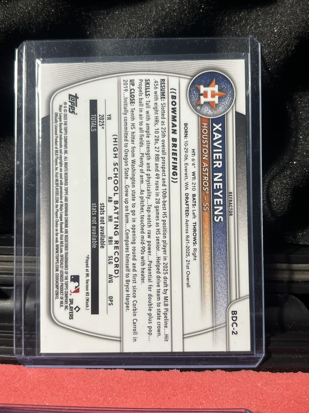 2025 Bowman Draft – Xavier Neyens #BDC-2 1st Chrome Refractor Astros
