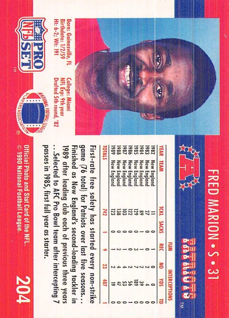 Fred Marion 1990 Pro Set 204b New England Patriots Football Card
