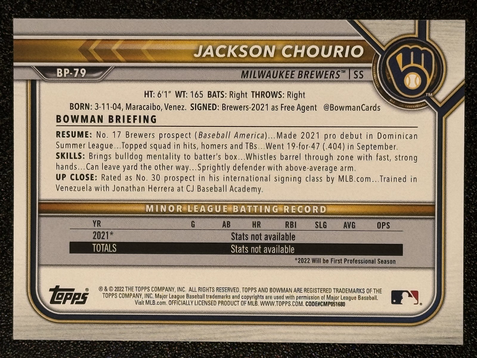 2022 Bowman Baseball #BP-79 Jackson 1st Chourio Prospect Rookie RC Brewers