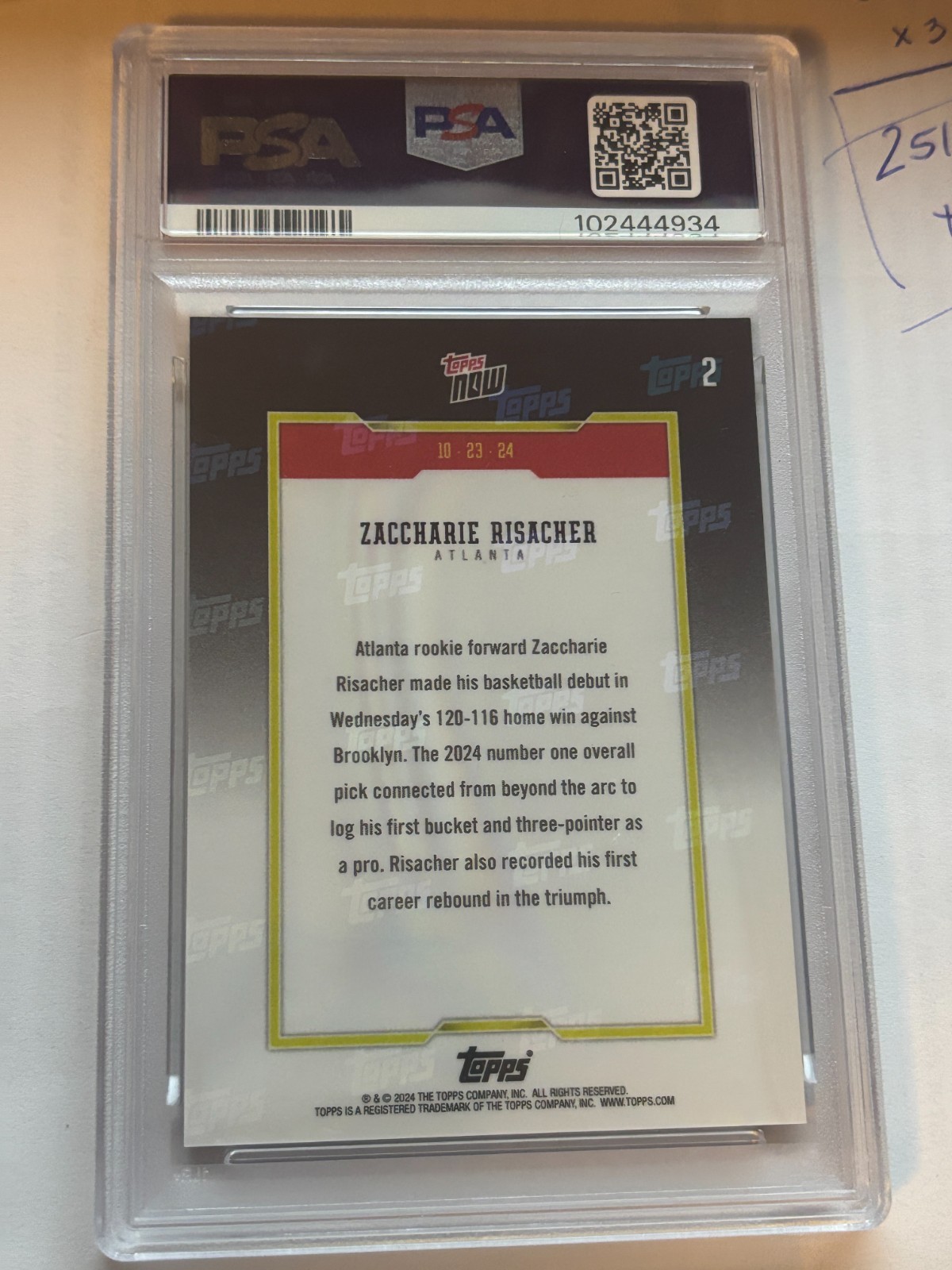 PSA 9 Zaccharie Risacher Green 34/99 2024-25 Topps NOW RC Debut Rookie Atlanta