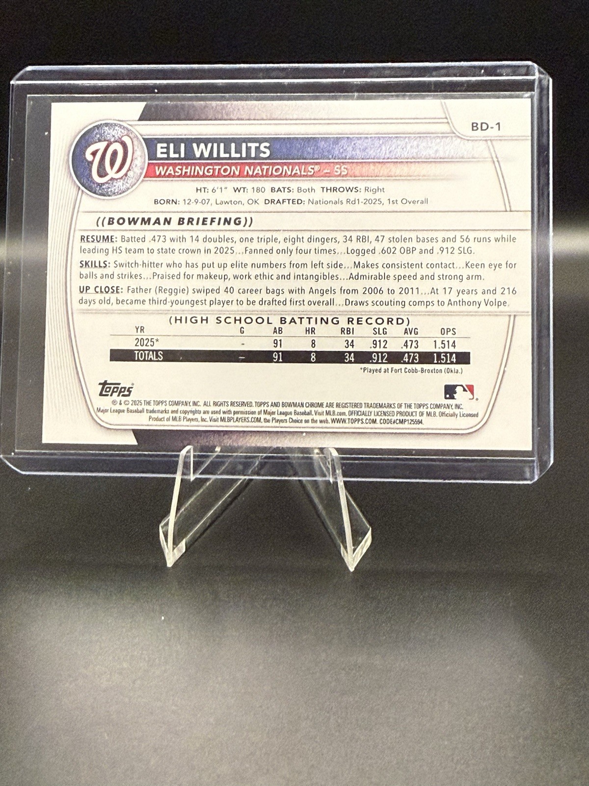 2025 Bowman Draft Eli Willits 1st Bowman Paper #BD-1 Washington Nationals