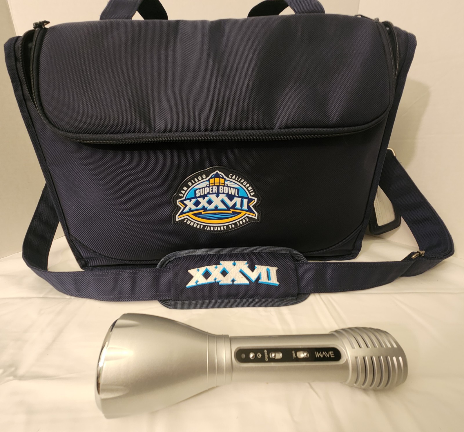 SUPER BOWL37 NFL MEDIA PRESS LAPTOP BAG GENTLY USED WITH KARAOKE MICROPHONE