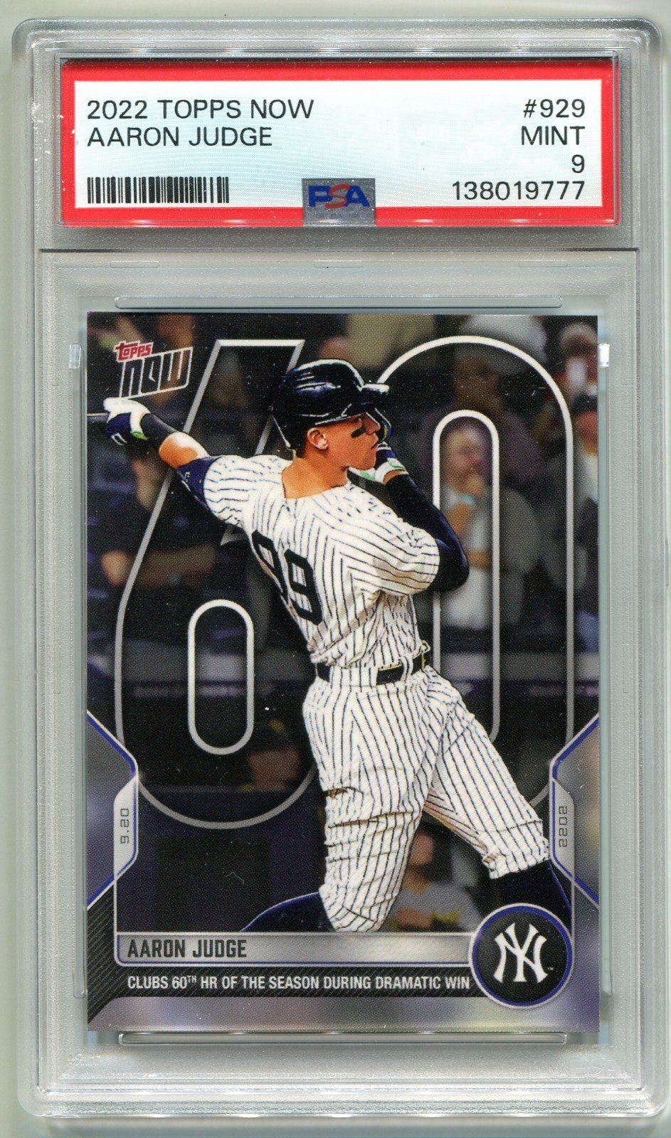2022 Topps Now #929 Aaron Judge #929 – PSA 9 MINT – Clubs 60th HR of the season