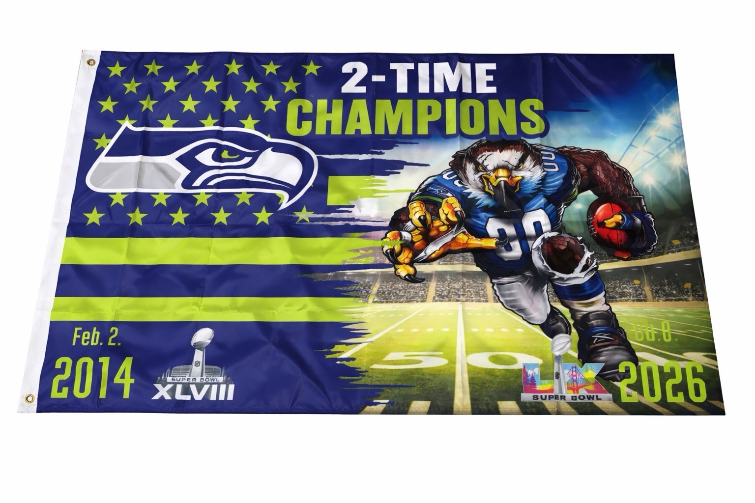 2 Seattle Seahawks Super Bowl Flag Blue Green White NFL Football Banner