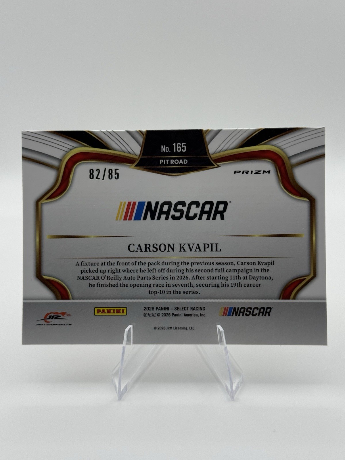 2026 Panini Select Racing Carson Kvapil Pit Road Purple 82/85 #165