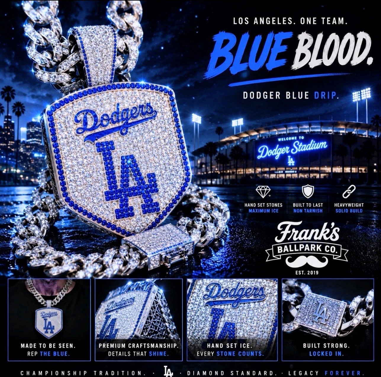 Los Angeles Dodgers ~ Silver Hip Hop Bling Pendant & 22” Chain ~ New In Bag