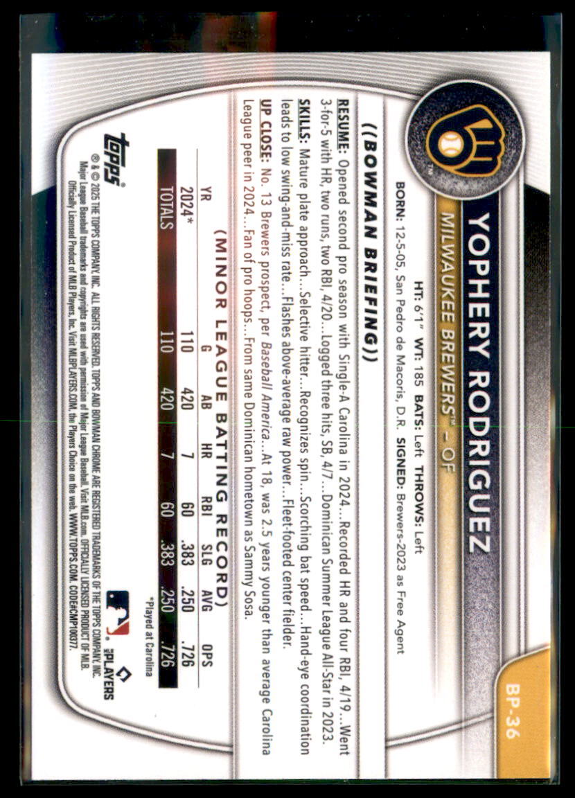 2025 Bowman Prospect Paper Yophery Rodriguez Milwaukee Brewers #BP-36 5 Card Lot