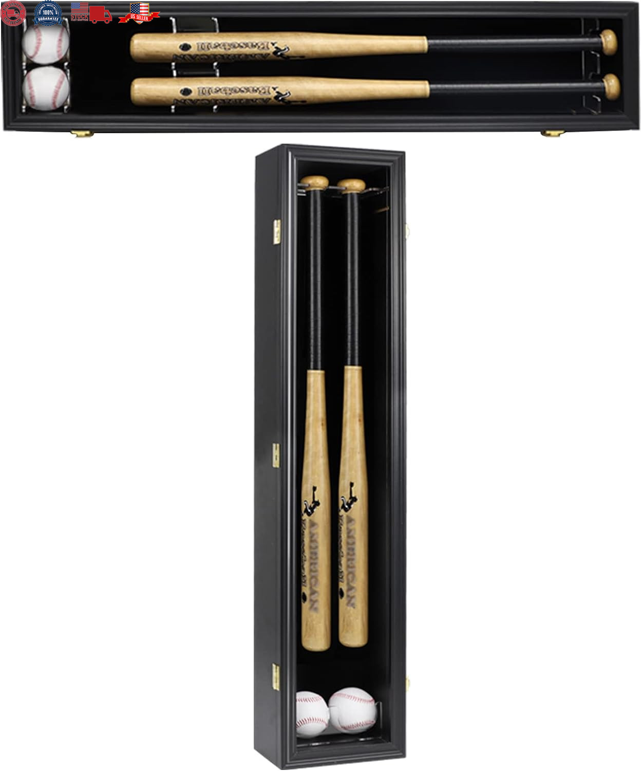 2 Baseball Bat Display Case Wooden Frame with Acrylic Transparent Door Holder