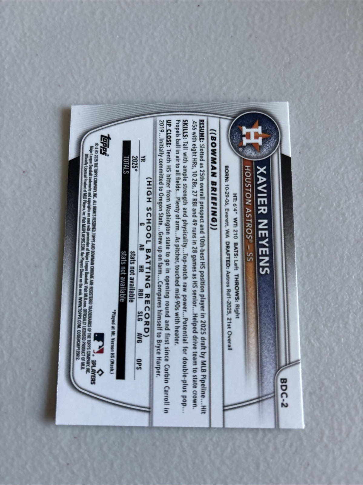 2025 Bowman Draft Chrome Xavier Neyens 1st Houston Astros #BDC-2 📈📈📈