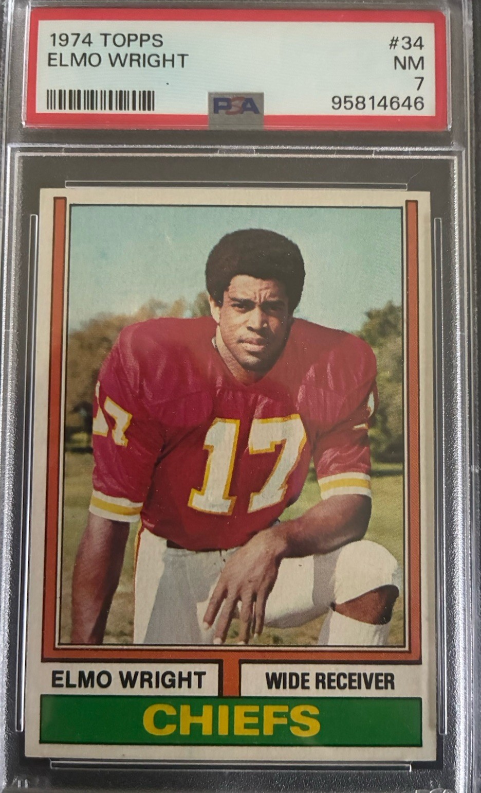 1974 Topps 34 Elmo Wright RC College hOF PSA 7 Kansas City chiefs Set Break