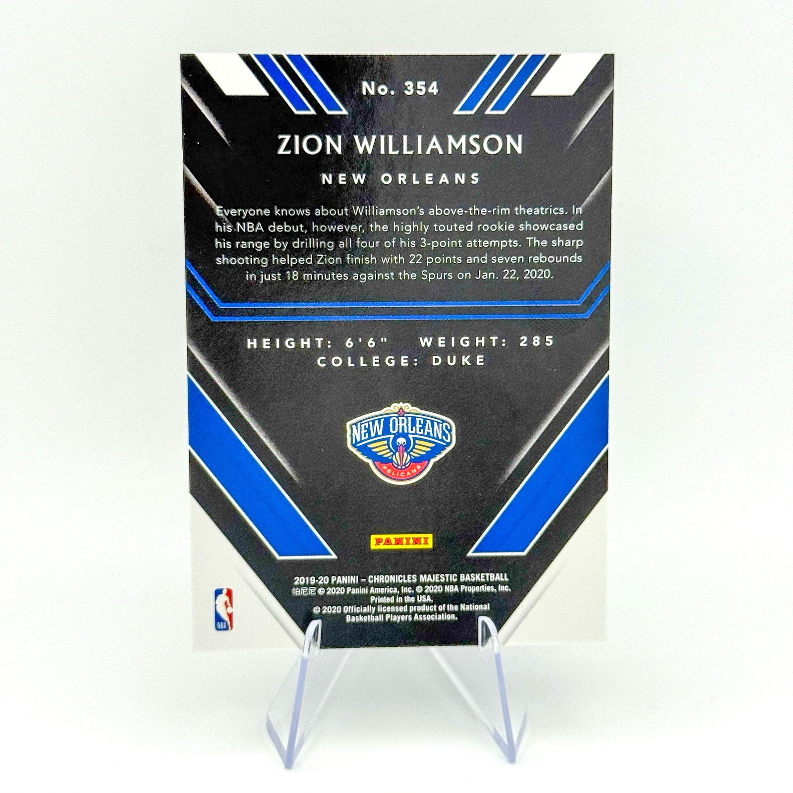 Zion Williamson (RC) 2019-20 Chronicles Majestic Blue /99 Rookie #354 Pelicans