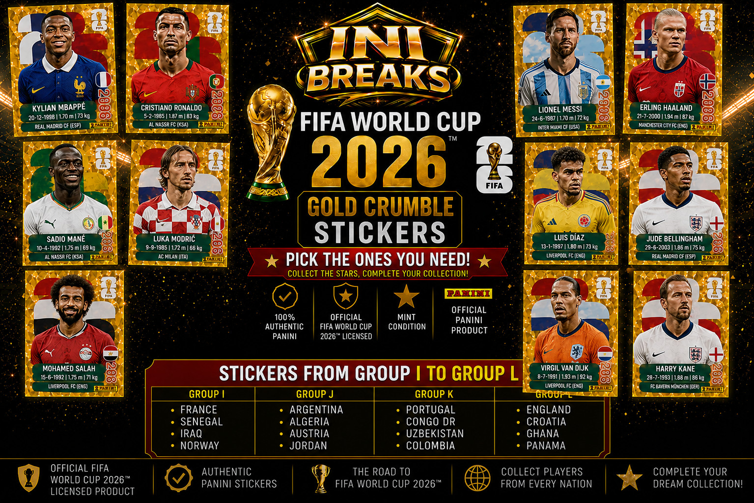 Panini FIFA World Cup 2026 Gold Crumble Stickers-Group I-L–Pick your Player!