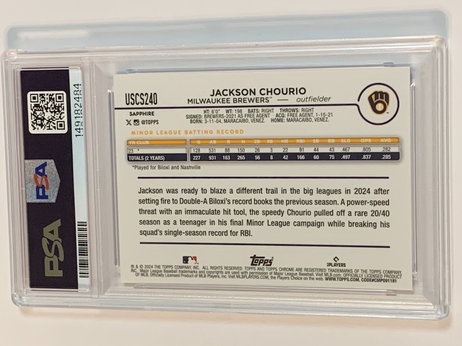 2024 Topps Chrome Update Sapphire #USCS240 Jackson Chourio RC – PSA 9 (Mint)