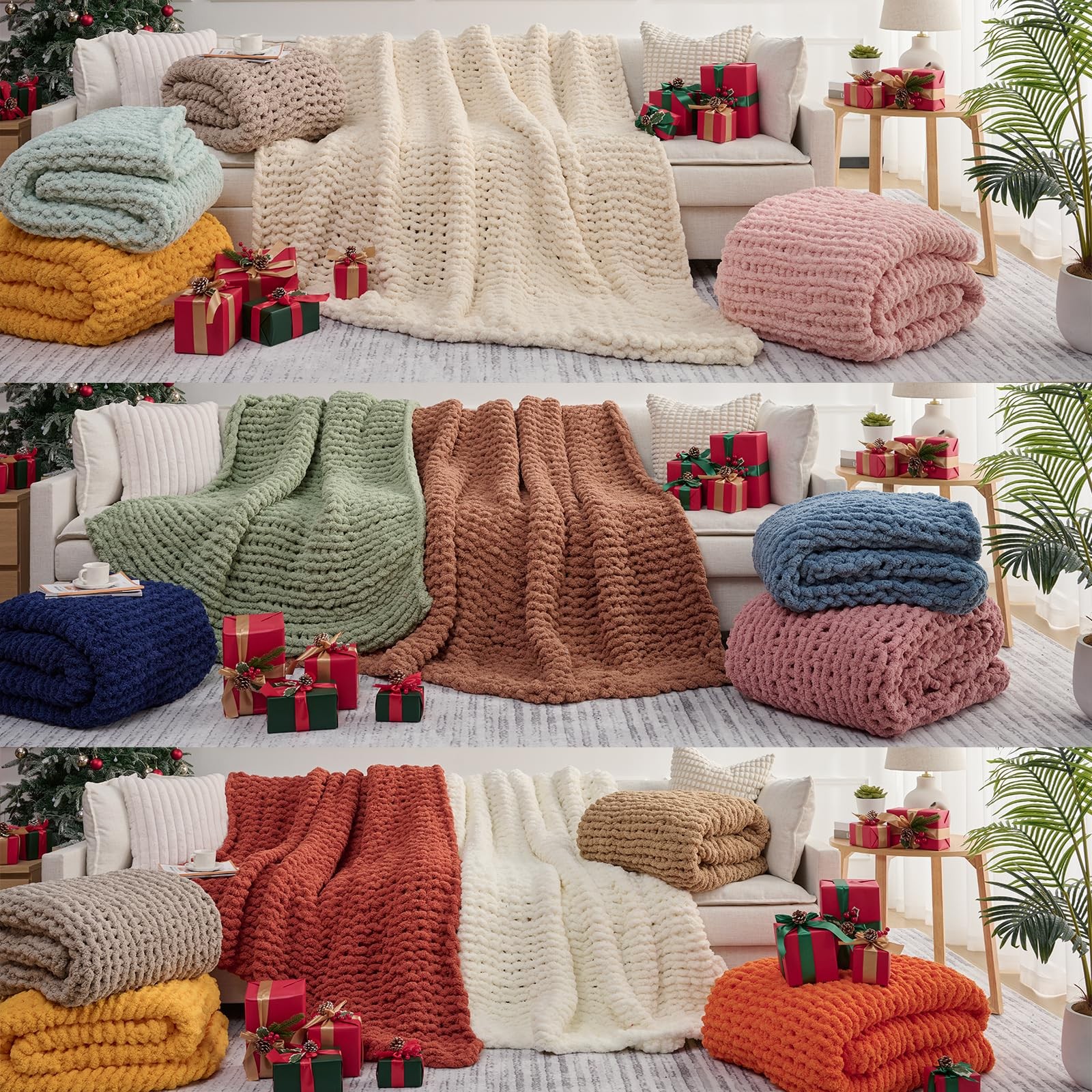 L’AGRATY Chunky Knit Blanket Throw,Soft Chenille Yarn Throw 50″x60″, Ivory