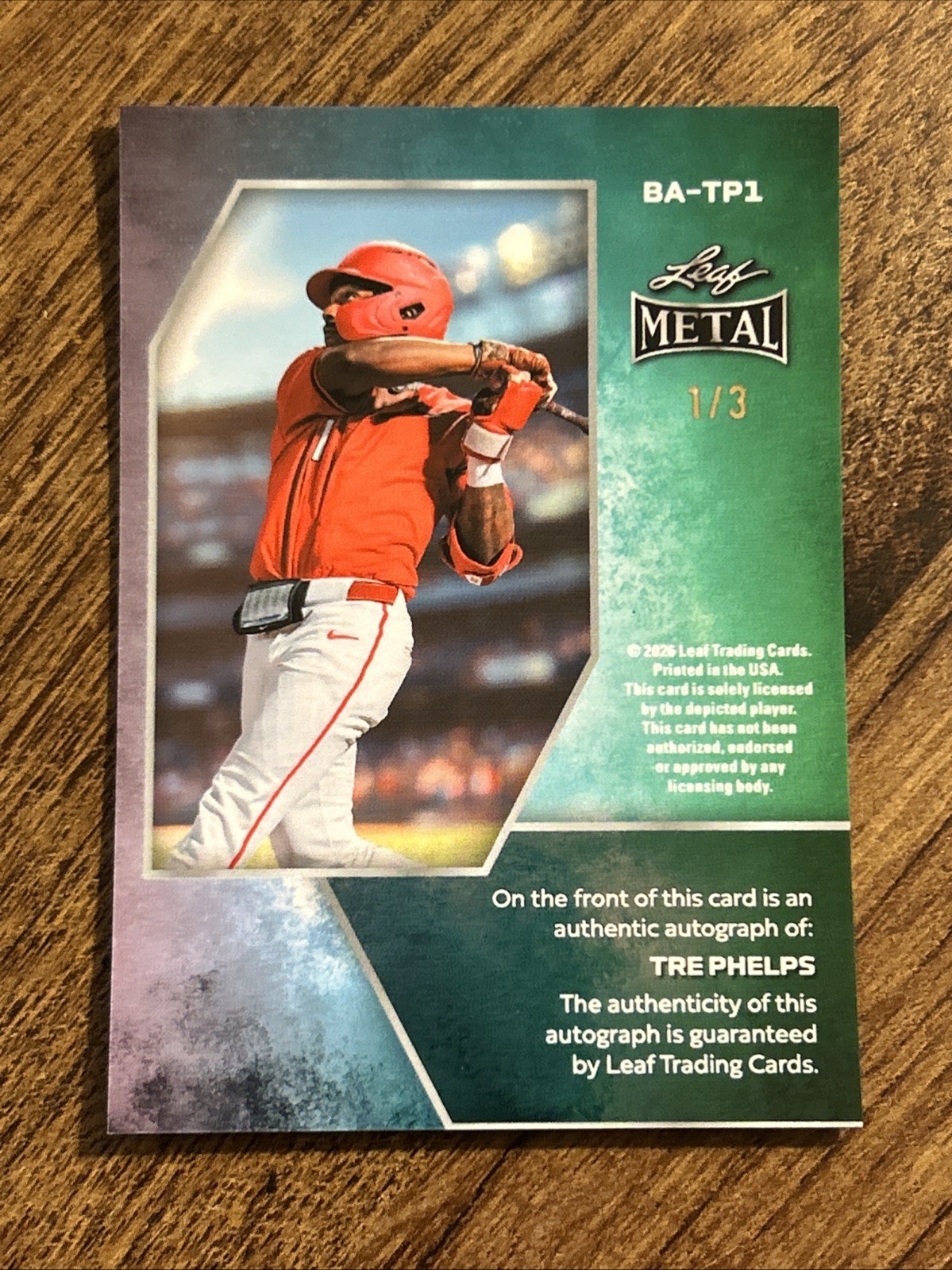 2026 Leaf Metal Baseball Base Auto Tre Phelps Green Shimmer #BA-TP1 /3