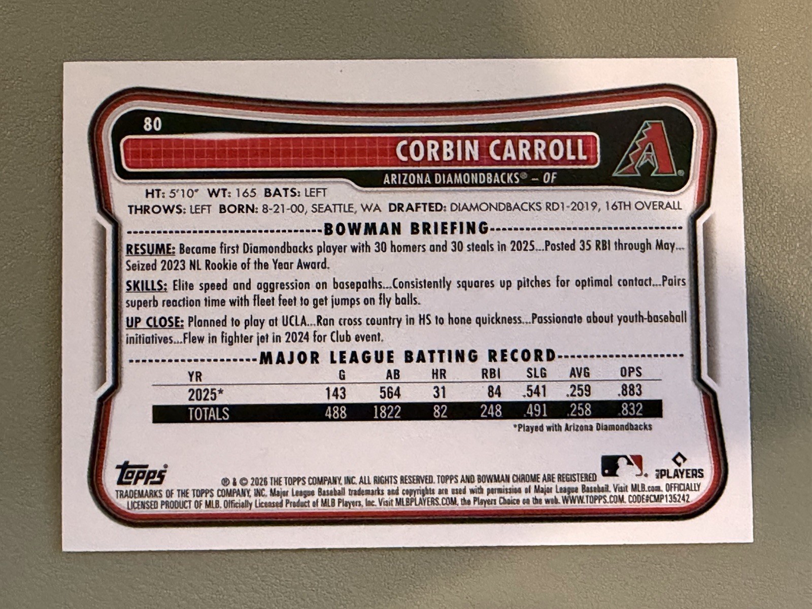 2026 Topps Bowman Paper Orange Pattern #80 Corbin Carroll #18/25 Diamondbacks