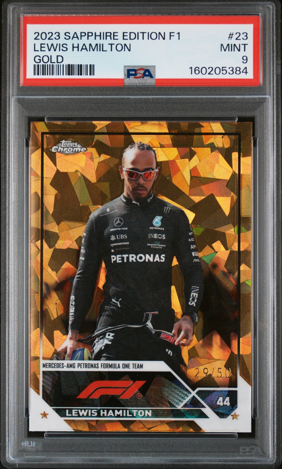2023 TOPPS CHROME FORMULA 1 SAPPHIRE EDITION GOLD #23 LEWIS HAMILTON 29/50 PSA 9