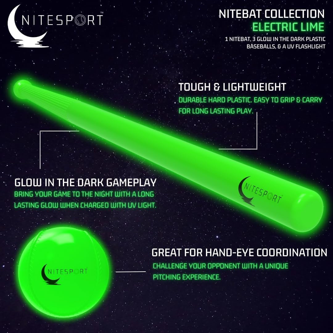 Glow in the Dark Plastic Baseball Bat W/ 3 Glow in the Dark Plastic Baseballs Bu