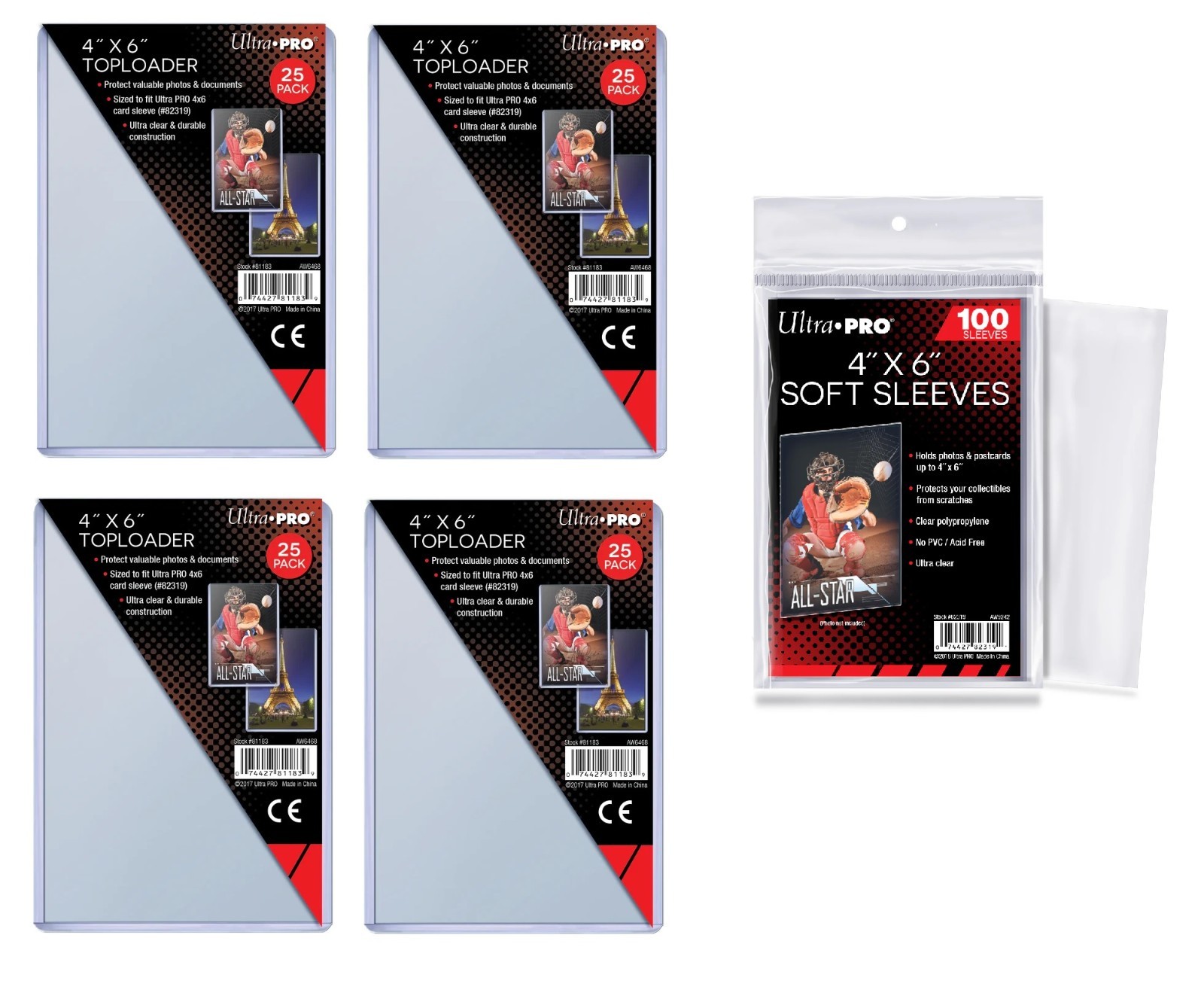(100 of Each) Ultra Pro 4×6 Rigid Toploaders Plus 4″ x 6″ Soft Sleeves Combo Lot
