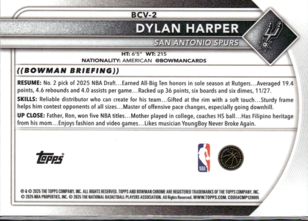 2025-26 Bowman #BCV-2 Dylan Harper Chrome