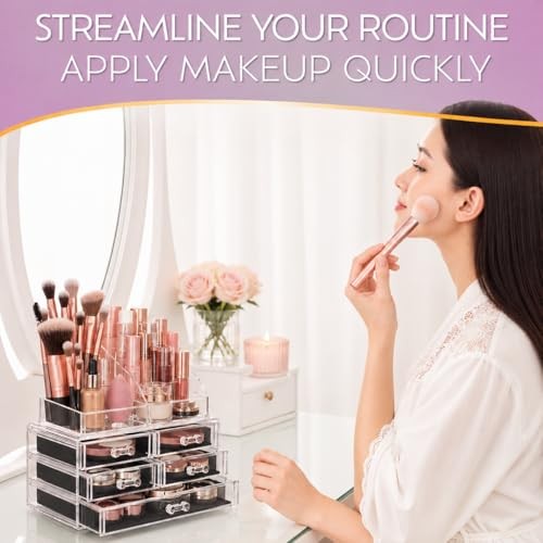 Brookstone Makeup Organizer Countertop, Cosmetic Clear 1 Pack Case with Drawers