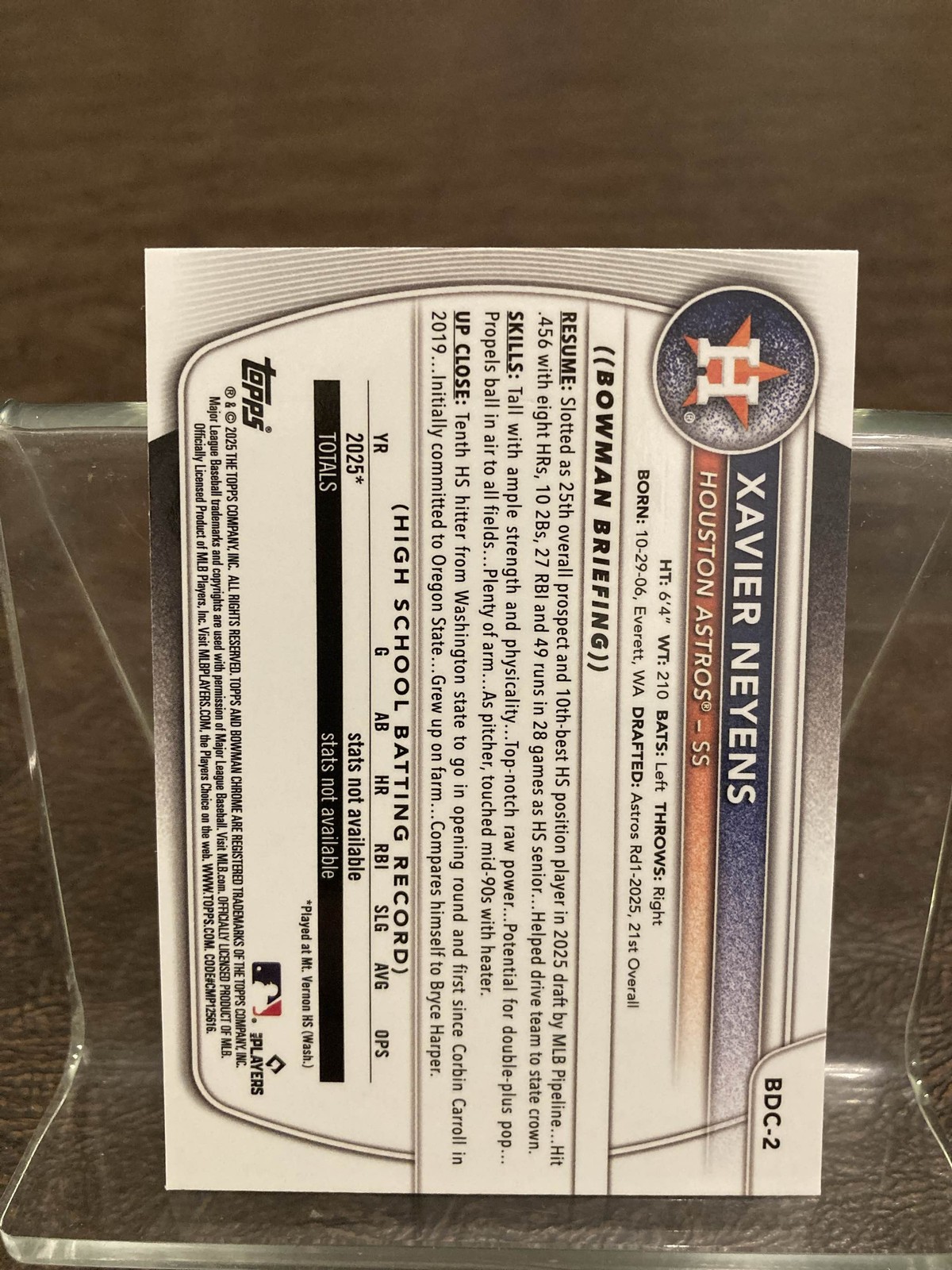 2025 Bowman Draft Mojo Refractor Xavier Neyens #BDC-2 Astros