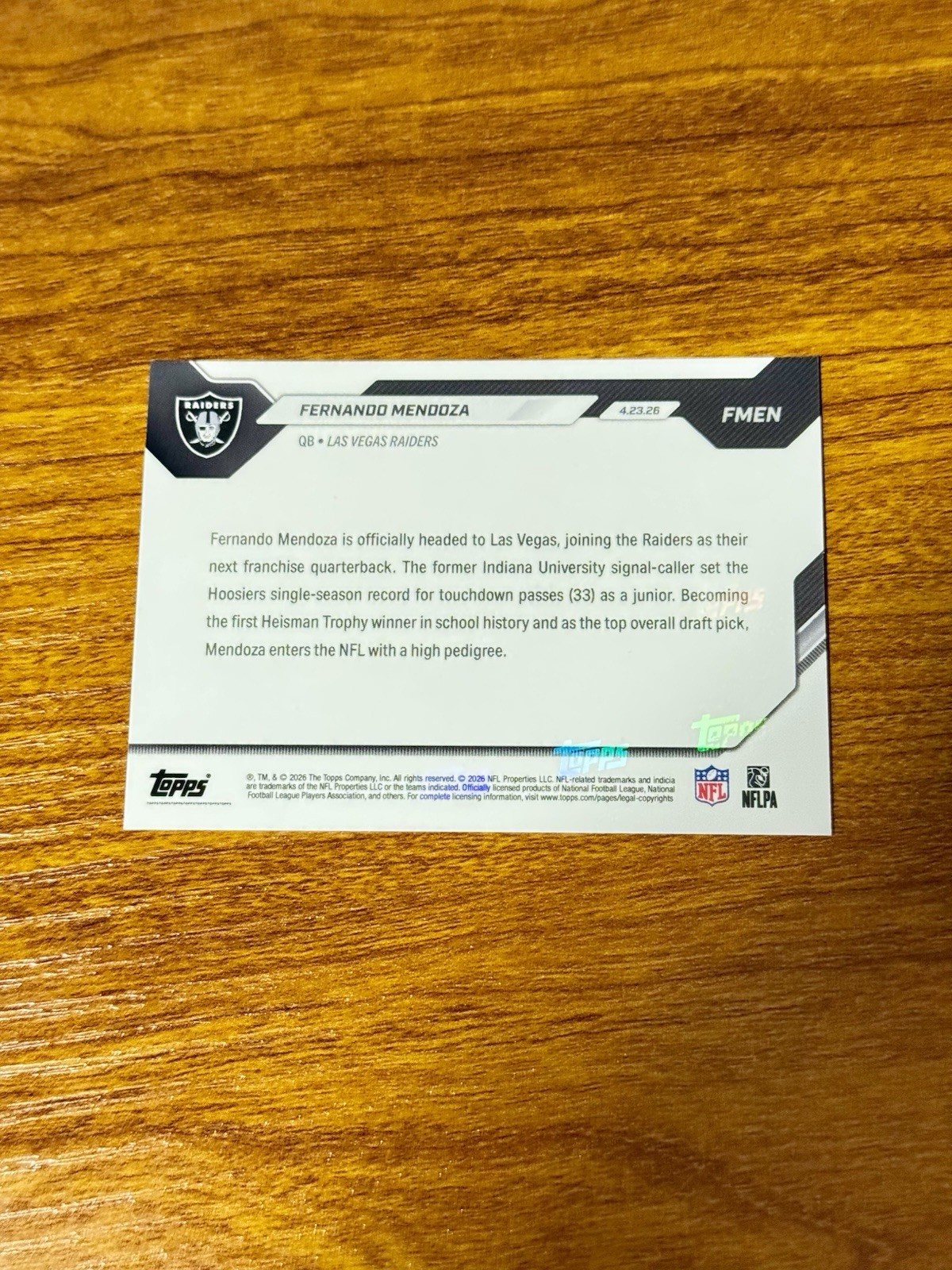 2026 Topps Now 1st Overall Draft Pick Fernando Mendoza RC Las Vegas Raiders FMEN