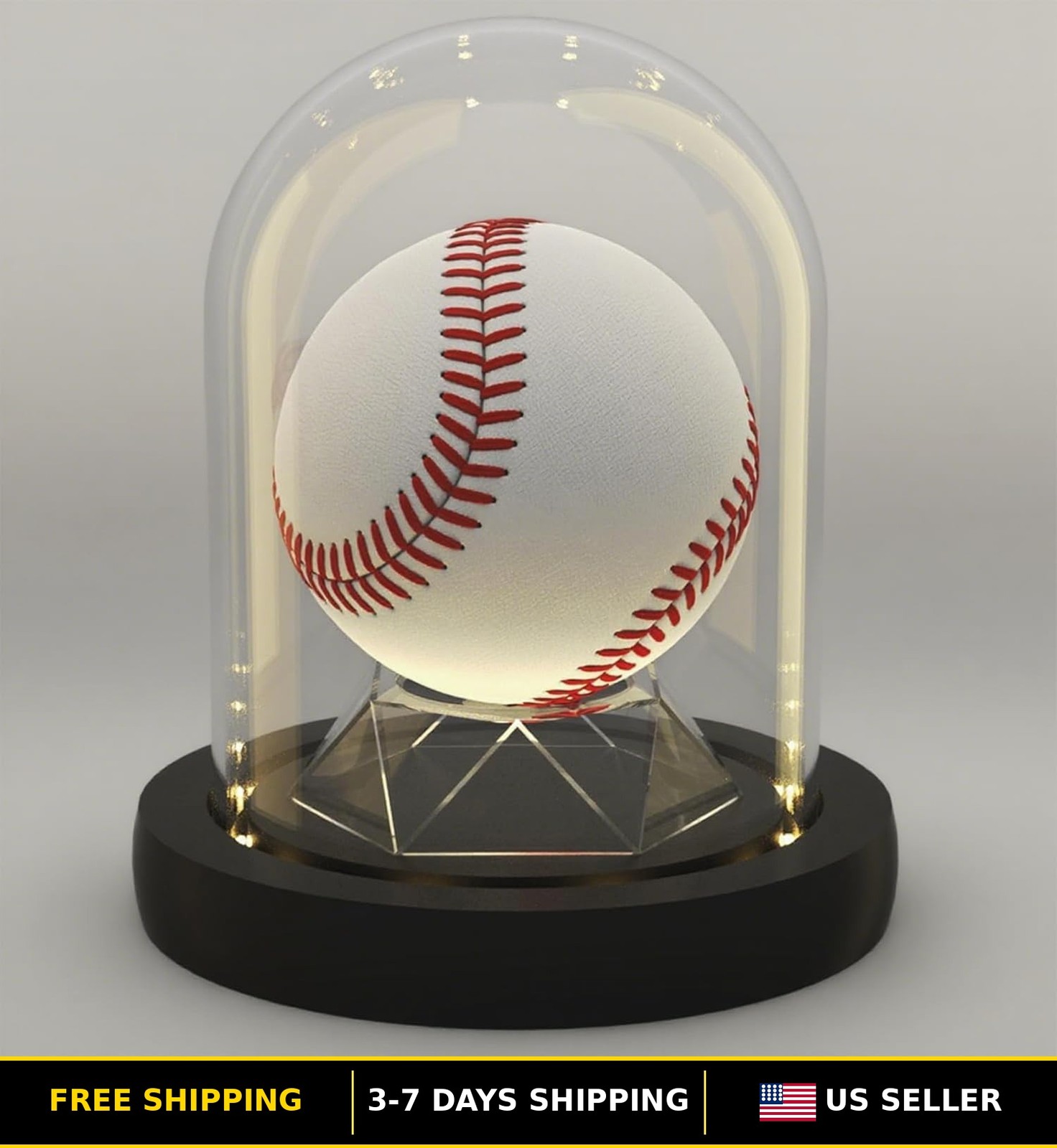 Baseball Display Case with LED Light Base and Glass Dome Cloche