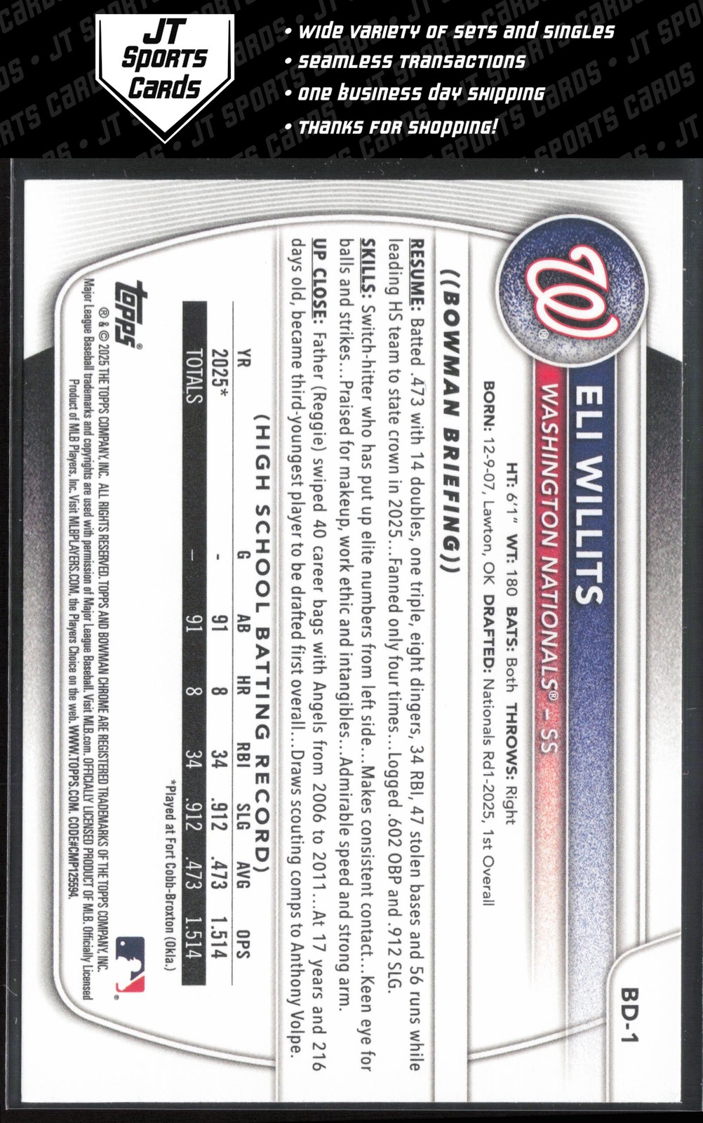 2025 Bowman Draft Eli Willits BD-1 1st Paper Washington Nationals