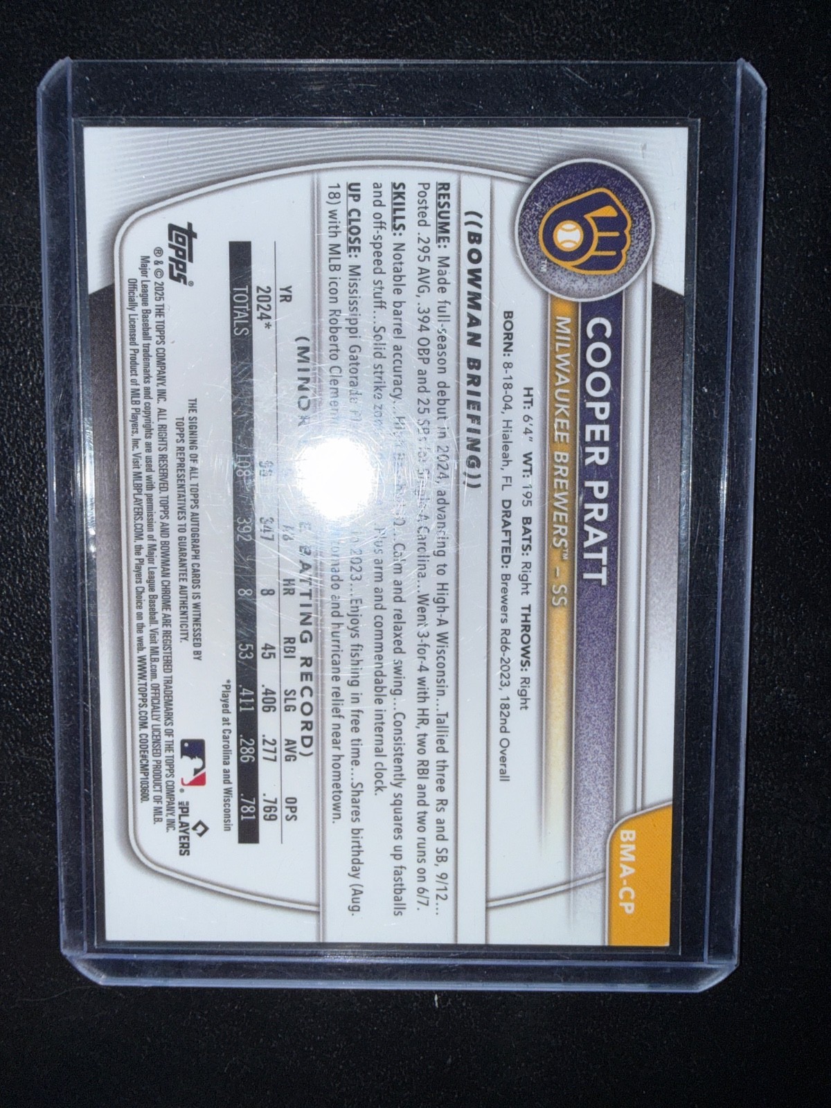Cooper Pratt 2025 Bowman Chrome Prospect Mojo Refractor Auto #BMA-CP Brewers