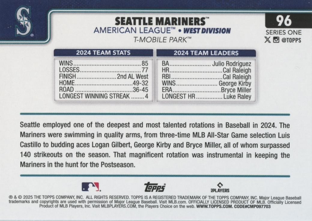 Seattle Mariners Cal Raleigh 2025 Topps Team True Photo SSP SHORTPRINT #96
