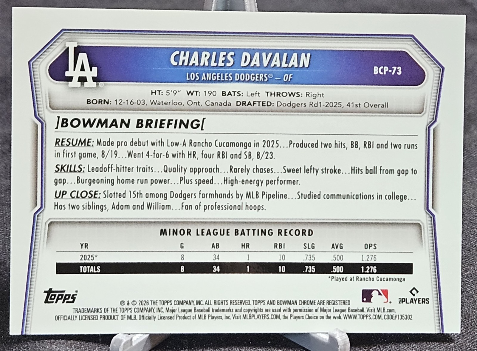 2026 Bowman Chrome – Charles Davalan #BCP-73 Aqua Shimmer /125 Dodgers
