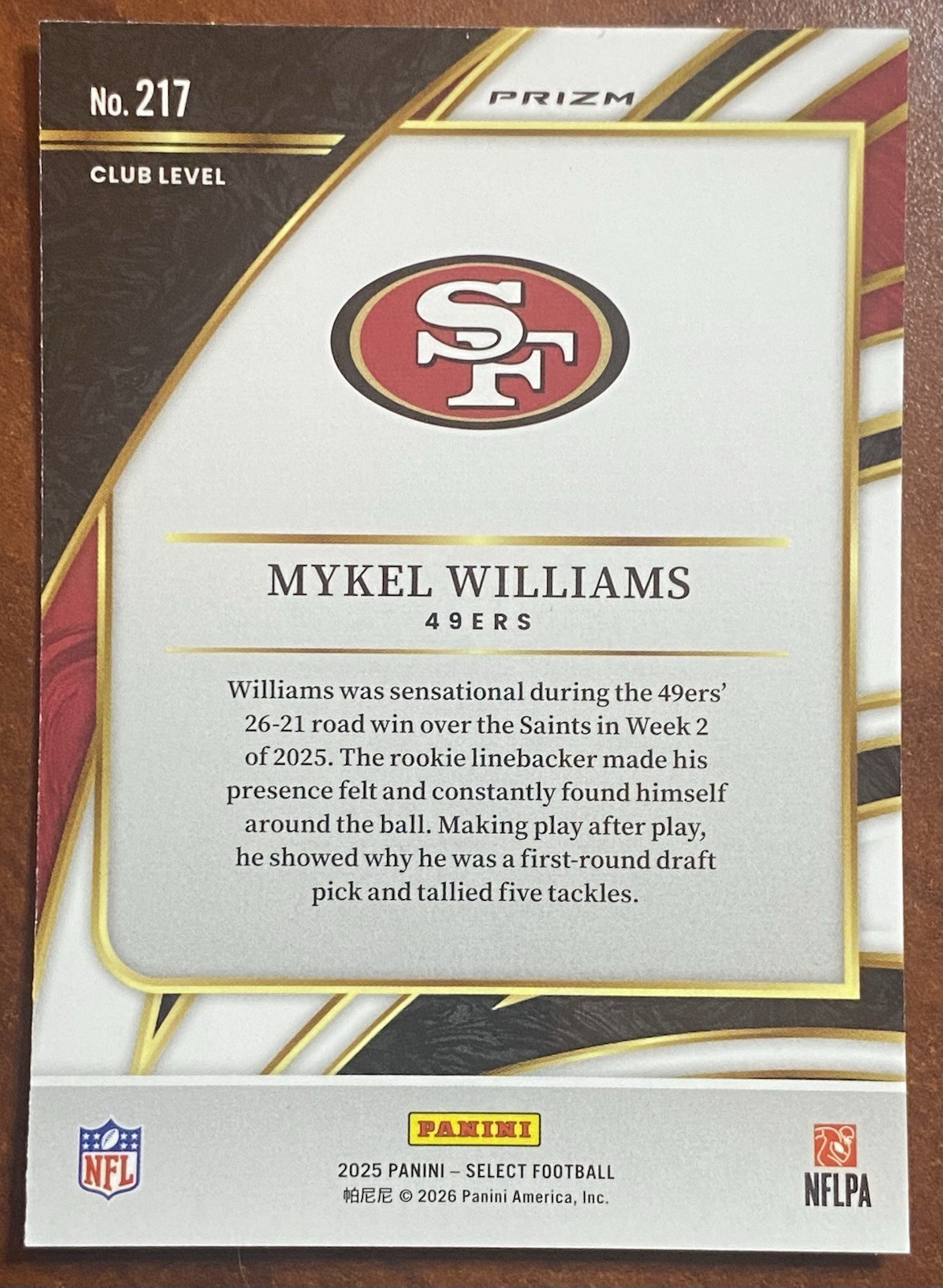 2025 Panini Select MYKEL WILLIAMS #217 Club Level RED & BLUE SHOCK Rookie (RC)