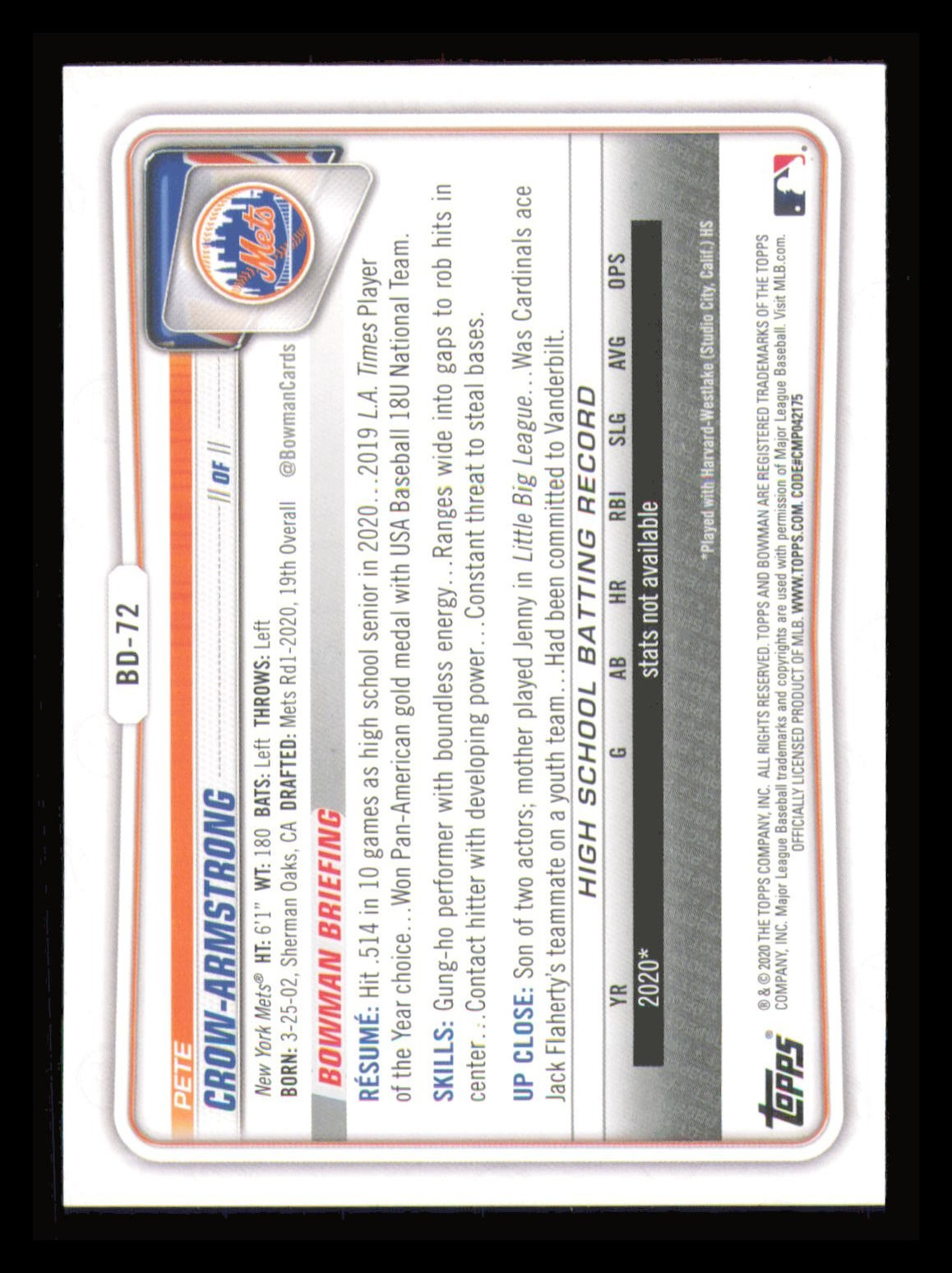 2020 Bowman Draft Pete Crow-Armstrong 1st Bowman #BD-72 NM