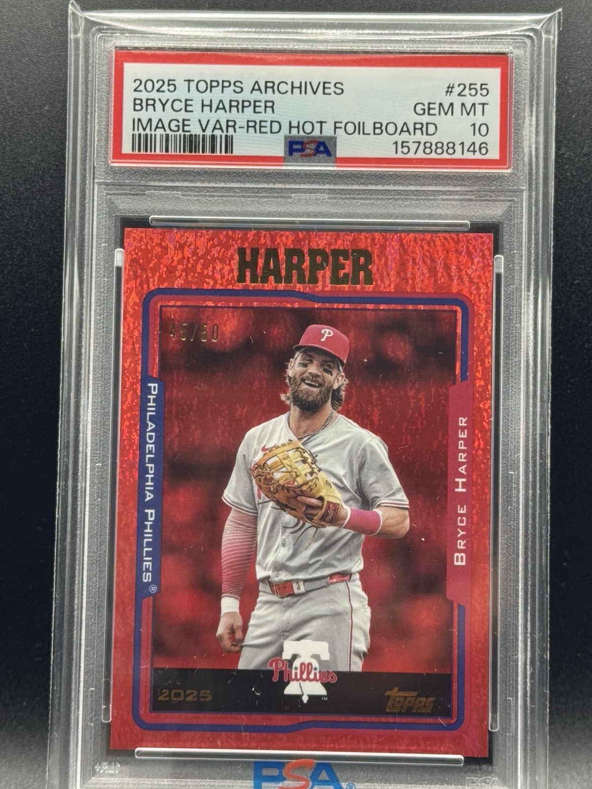 2025 Topps Archives – 2005 Topps Image Var Bryce Harper #255 Red Foil /50 PSA 10