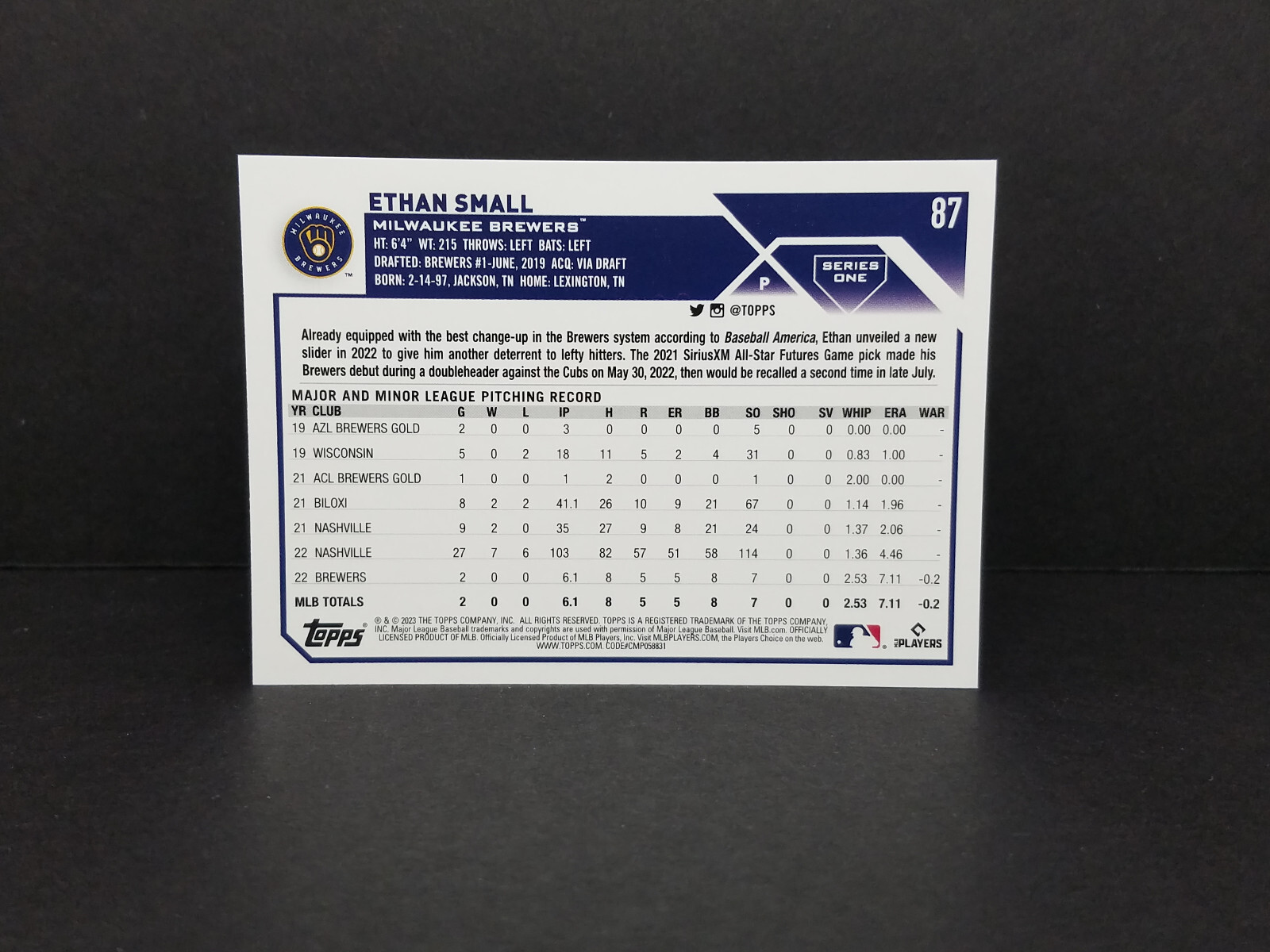 2023 Topps 1st Edition #87 Ethan Small, Brewers – Gold Foil Parallel Insert