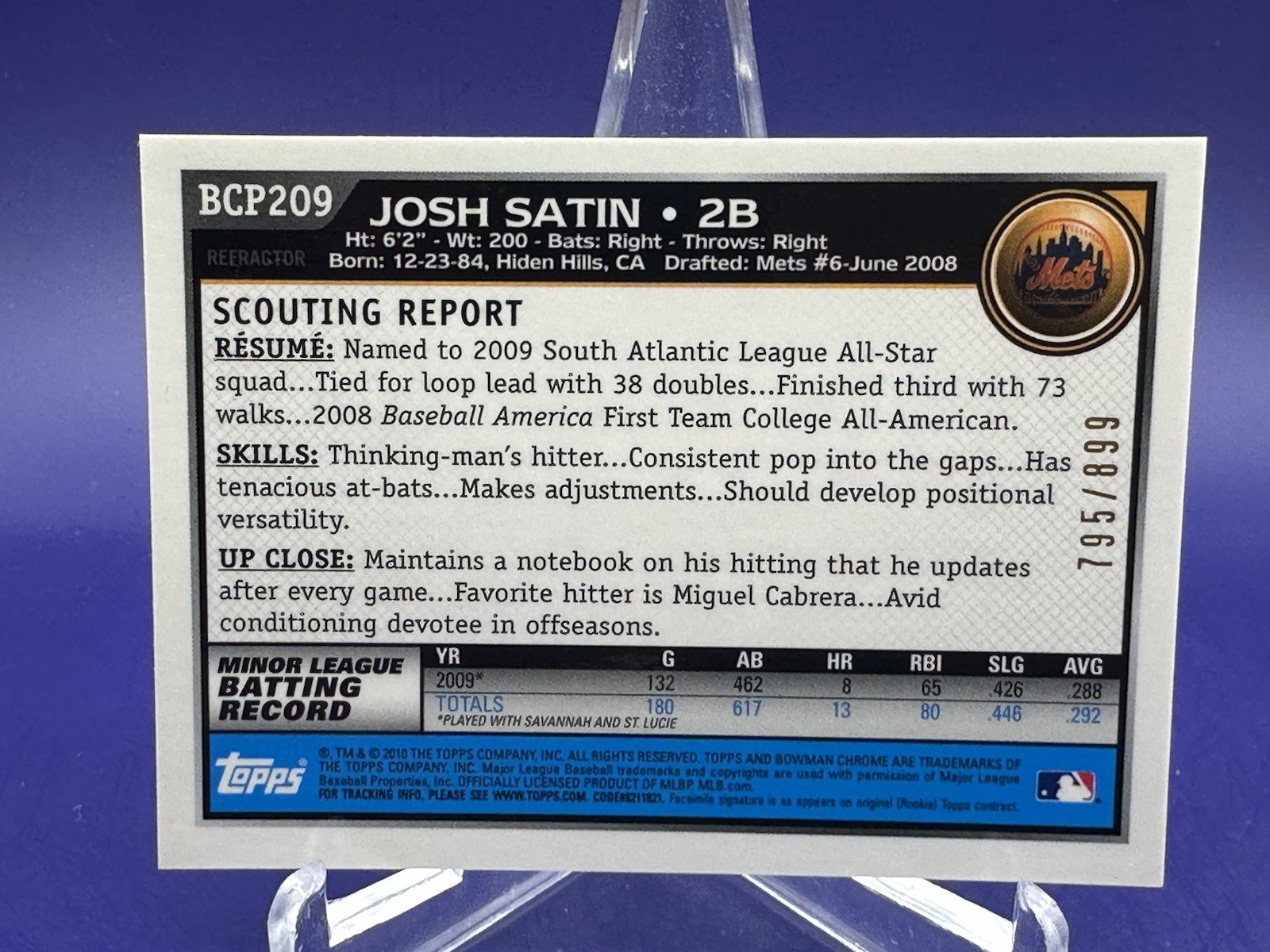 JOSH SATIN 2010 Bowman Chrome PURPLE REFRACTOR ROOKIE #795/899 (#BCP209) – NM/MT