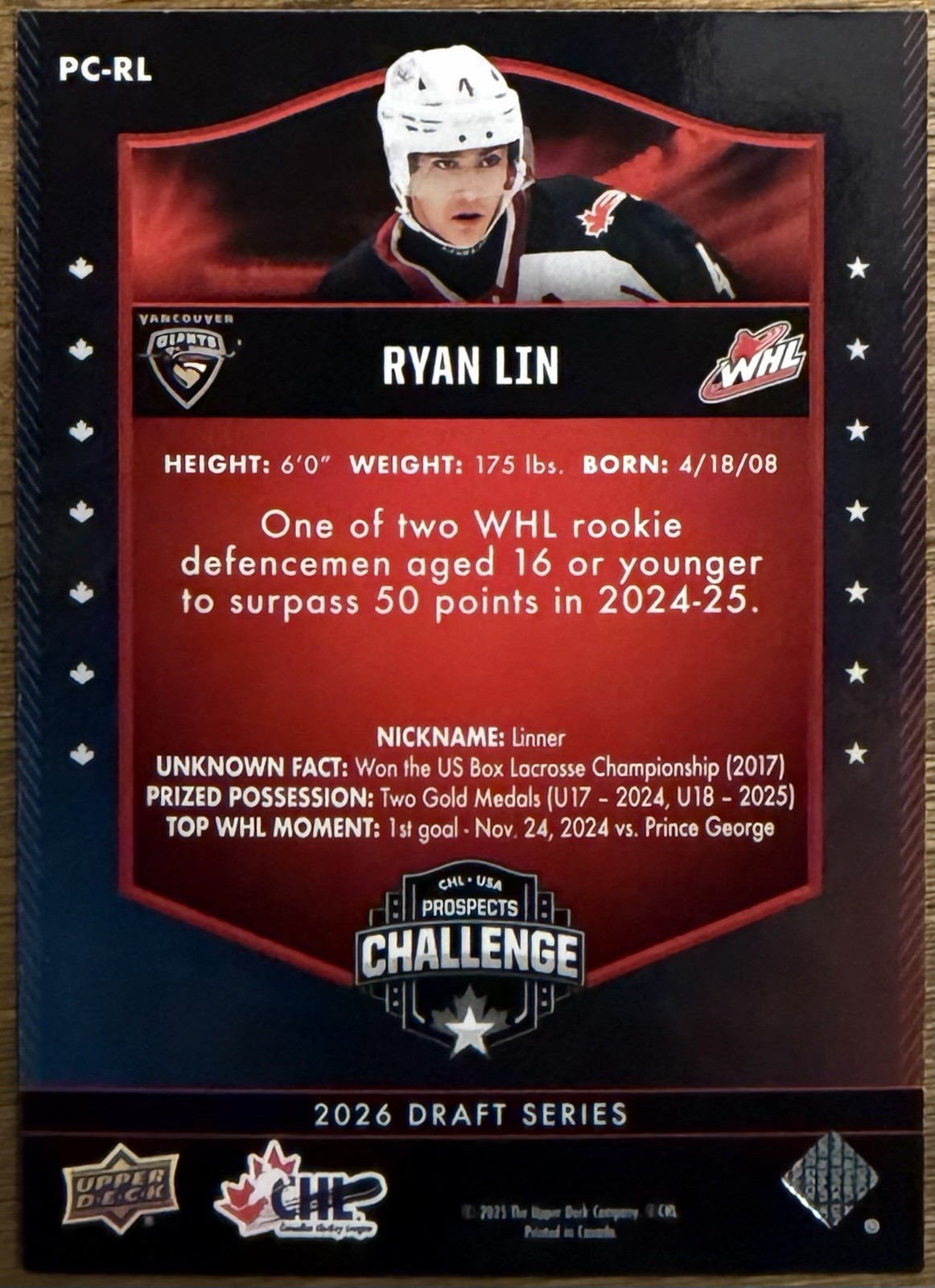 Ryan Lin Rookie 2025 Upper Deck Chl USA Prospects Challenge #PC-RL Red (RC)