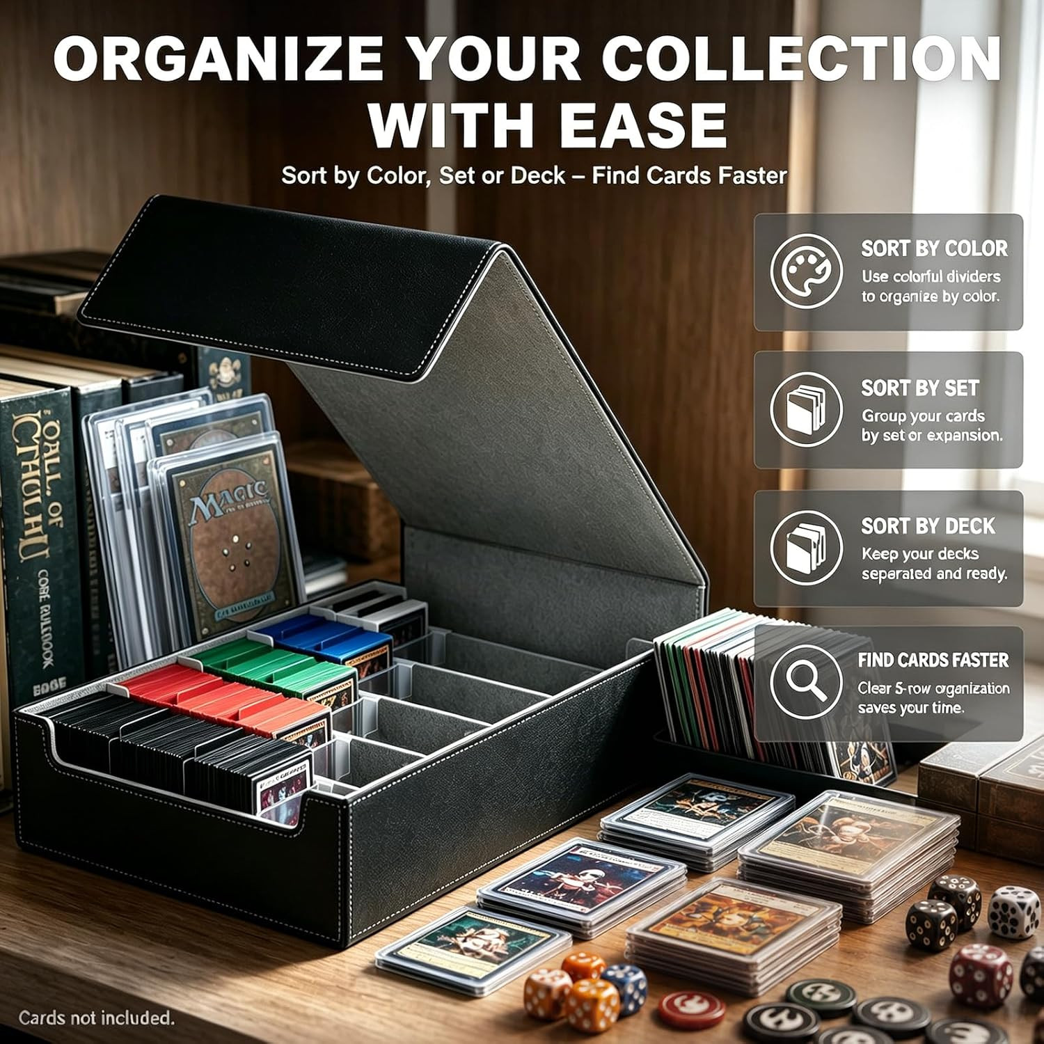 5-Row Trading Card Storage Box, Large Capacity TCG Card Organizer with 24 Colorf