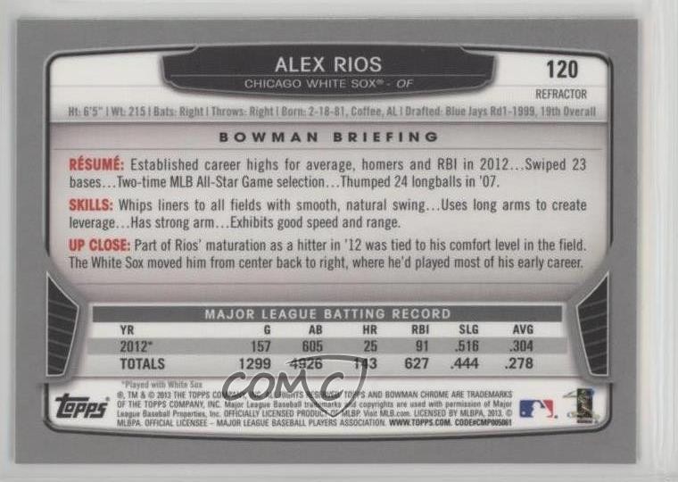 2013 Bowman Chrome Rack Pack Green Refractor Alex Rios #120 a2v