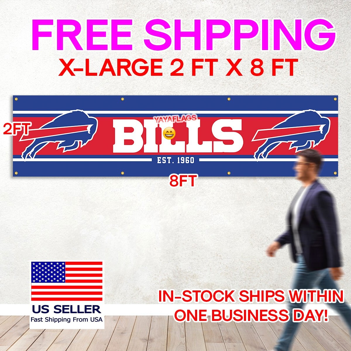 Buffalo Bills 2×8 Feet NFL Flag Mancave Outdoor Banner US SELLER